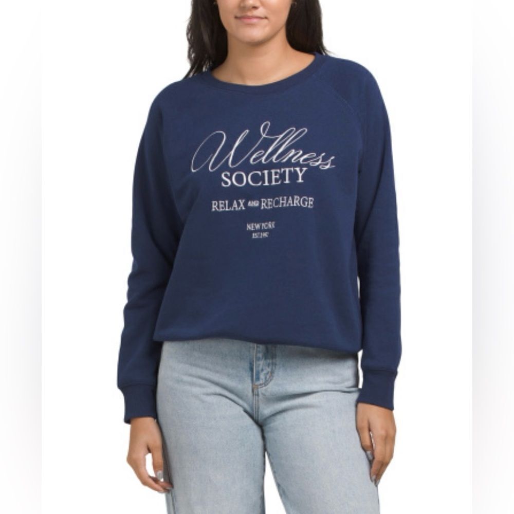 Wildfox Peacoat Navy Keely Embroidered Front Wellness Crew Sweatshirt